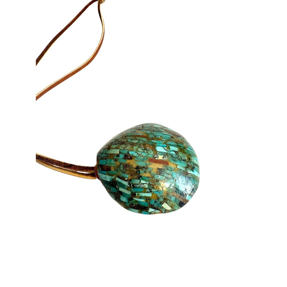 Vintage Santo Domingo Turquoise Mosaic Inlay Shell Pendant Southwestern Necklace - Picture 5 of 8